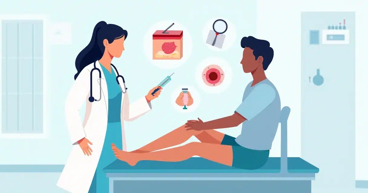 Ilustração de profissional de saúde avaliando infecção cutânea na perna de paciente