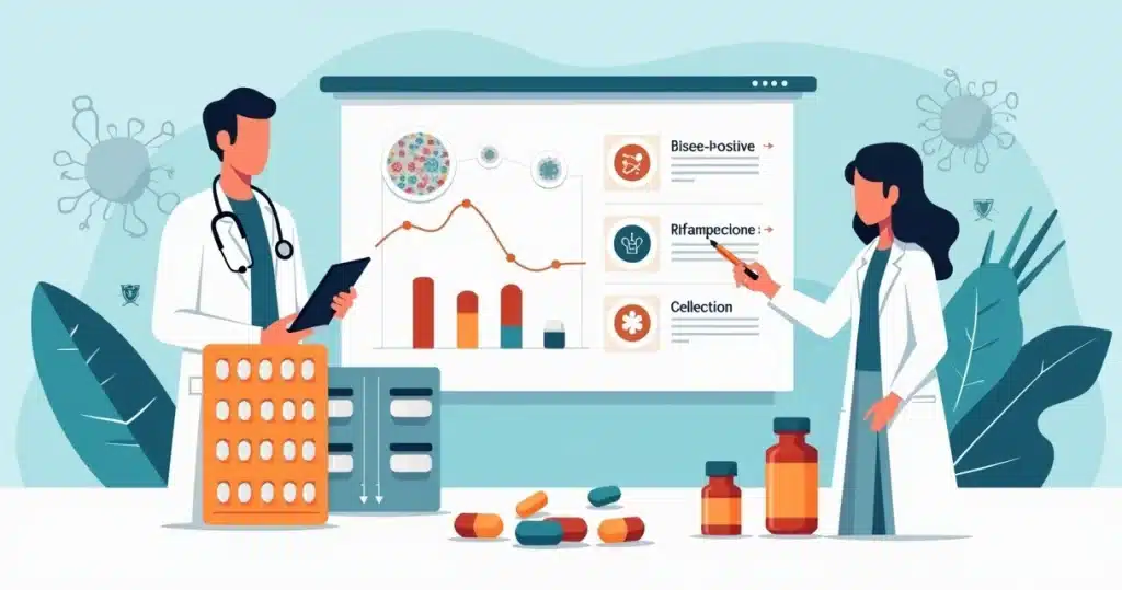 Ilustração de profissionais de saúde avaliando antibióticos orais em comprimidos e gráficos clínicos