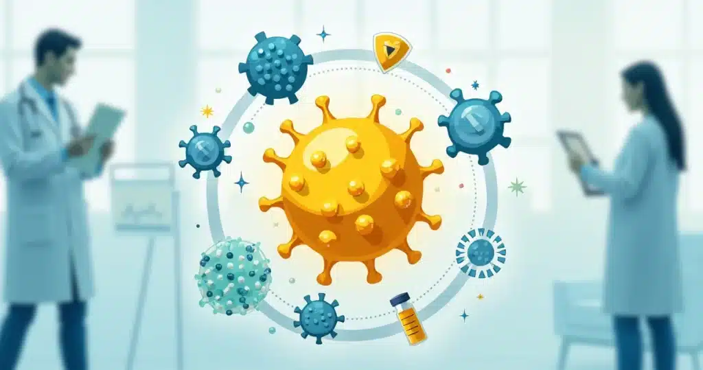 Ilustração de antibióticos ao redor de bactéria Staphylococcus aureus em fundo hospitalar