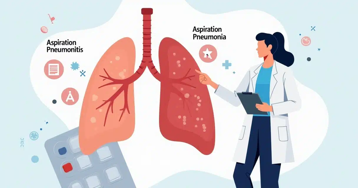 Ilustração de profissional de saúde avaliando pulmões com destaque para aspiração e uso de antibióticos