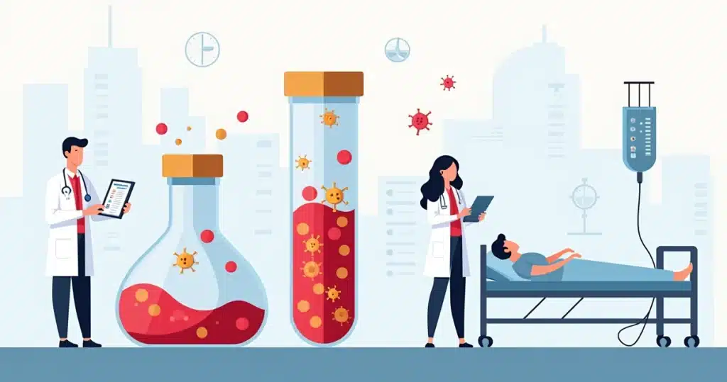 Ilustração de equipe médica analisando exame de sangue com bactérias estafilocócicas