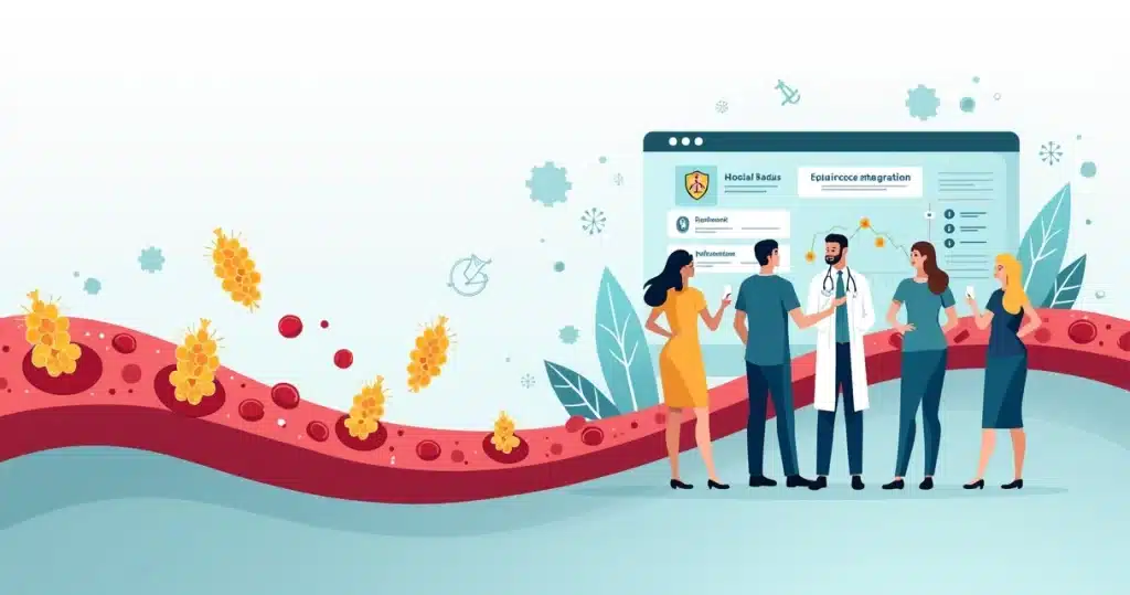 Ilustração de corrente sanguínea com bactérias estafilococos destacadas e equipe médica analisando fatores de risco