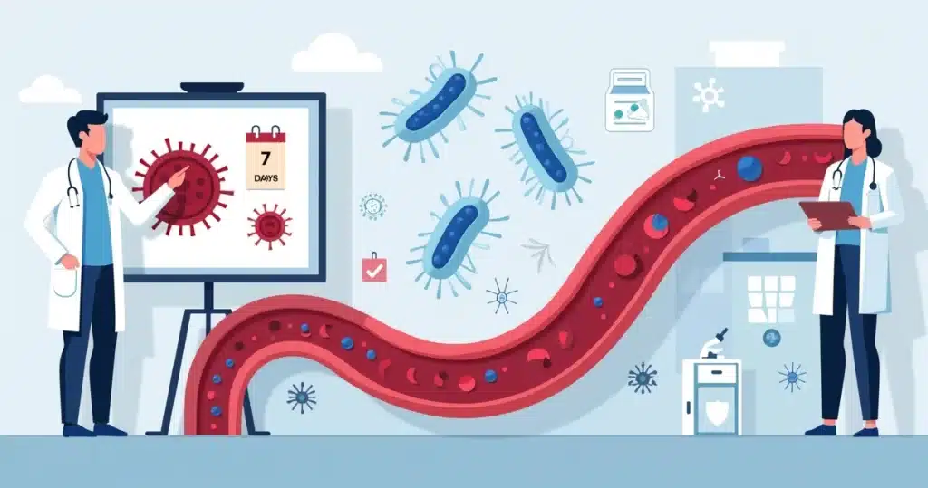 Ilustração de equipe médica analisando bactéria gram-negativa em corrente sanguínea