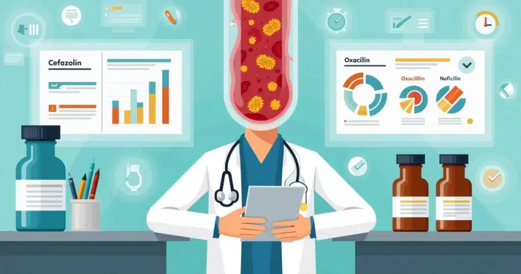Ilustração de médico avaliando opções de antibiótico para bacteremia por MSSA