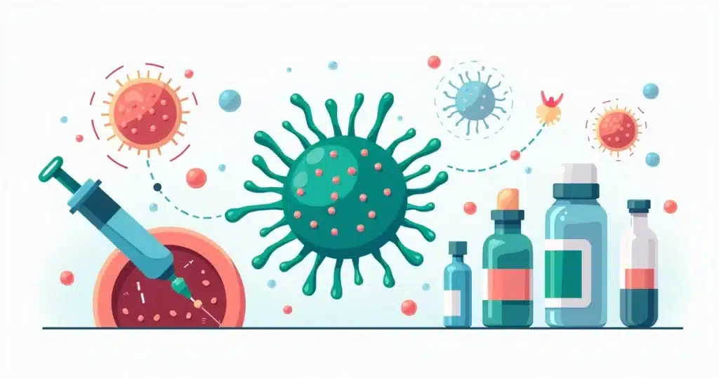 Ilustração de bactéria Pseudomonas aeruginosa e frascos de antibióticos em comparação terapêutica