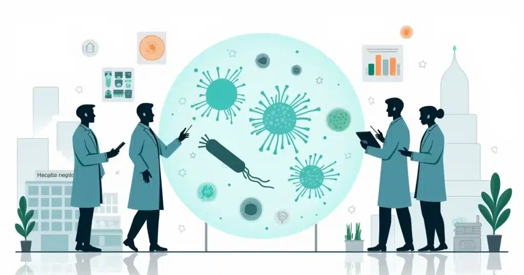 Ilustração de bactérias gram-negativas e equipe de saúde analisando tratamento
