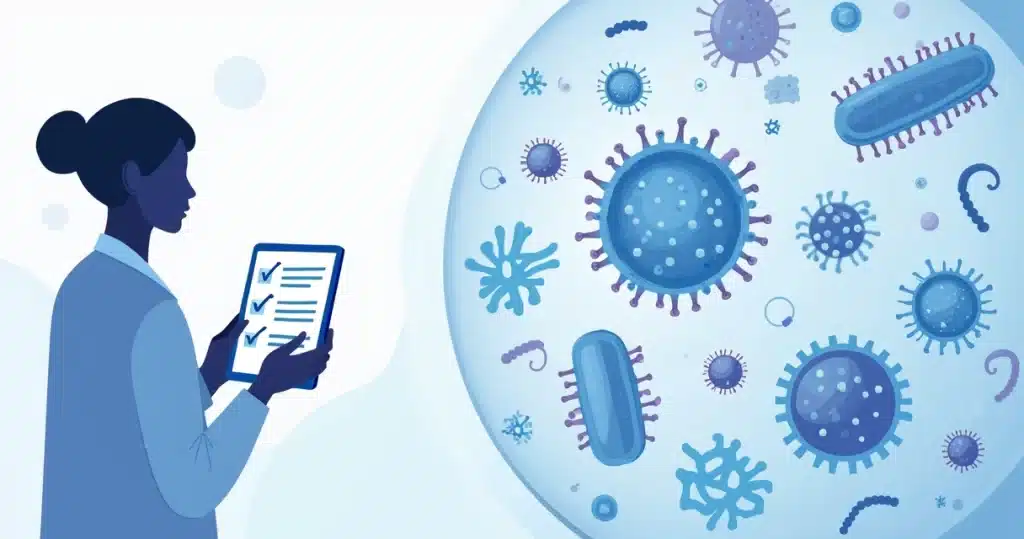 Ilustração de bactérias gram-positivas variadas em vista microscópica
