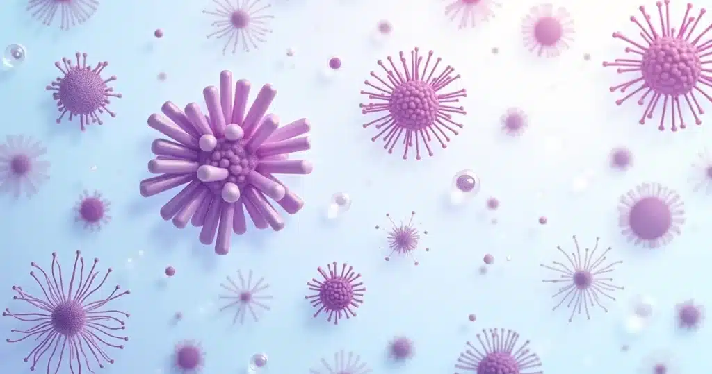 Ilustração de bastonetes gram-positivos roxos em lâmina de microscopia