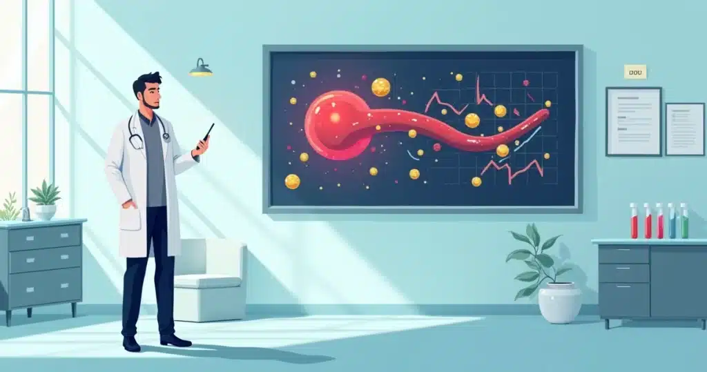 Ilustração de médico analisando biomarcadores de infecção sanguínea em tela com bactérias e gráficos