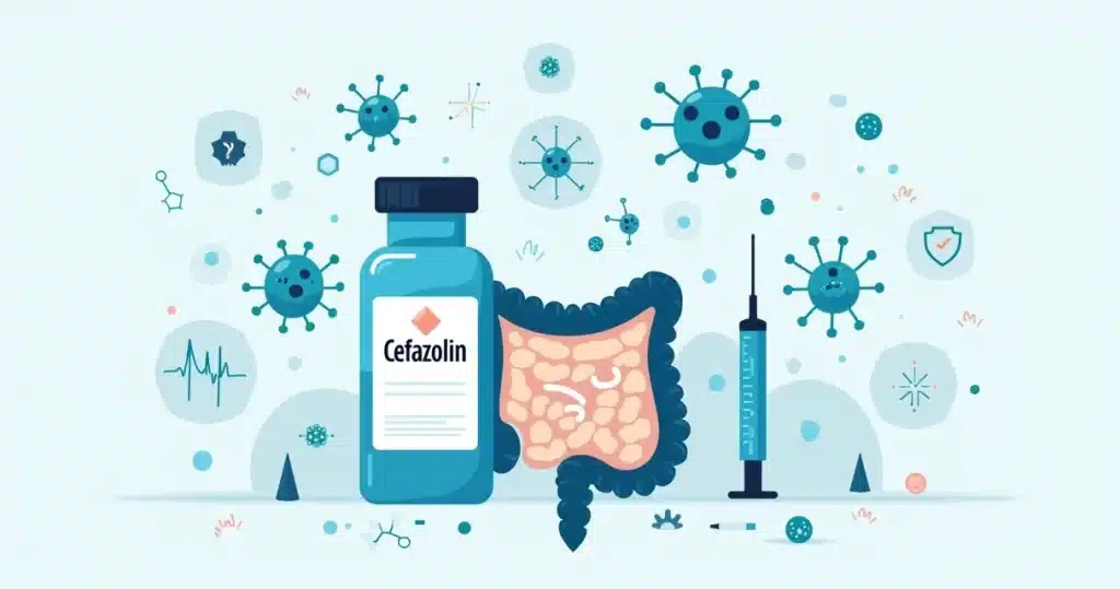 Ilustração de frasco de cefazolina com bactérias entéricas ao fundo