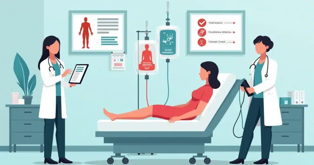 Ilustração de profissional de saúde avaliando paciente com suspeita de choque tóxico menstrual