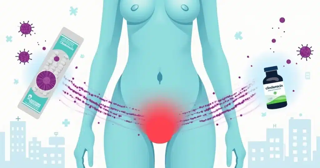 Ilustração de clindamicina atuando contra toxinas bacterianas em síndrome de choque tóxico