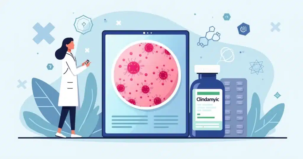 Ilustração de médico analisando bactérias Streptococcus pyogenes e frasco de clindamicina
