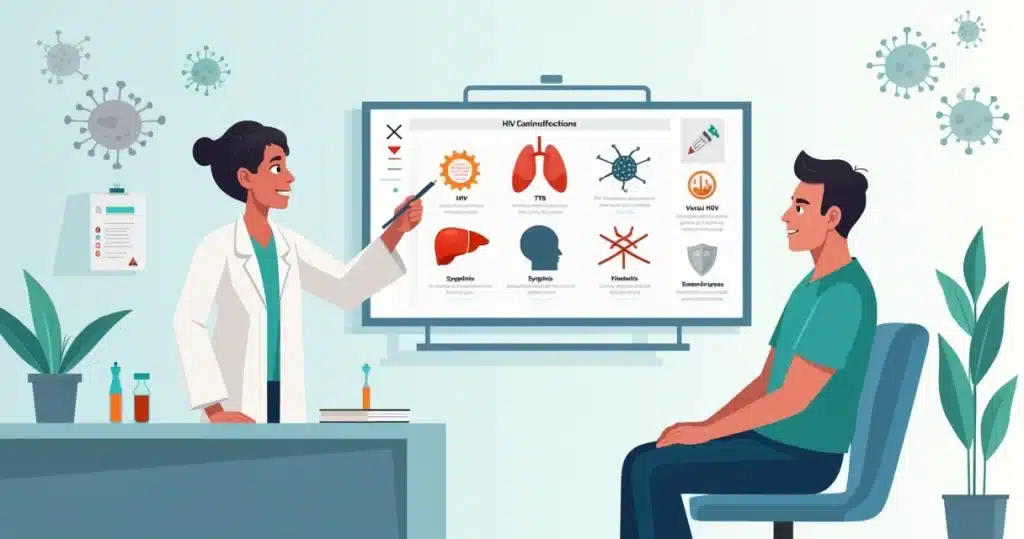 Ilustração de profissionais de saúde avaliando coinfecções em paciente com HIV