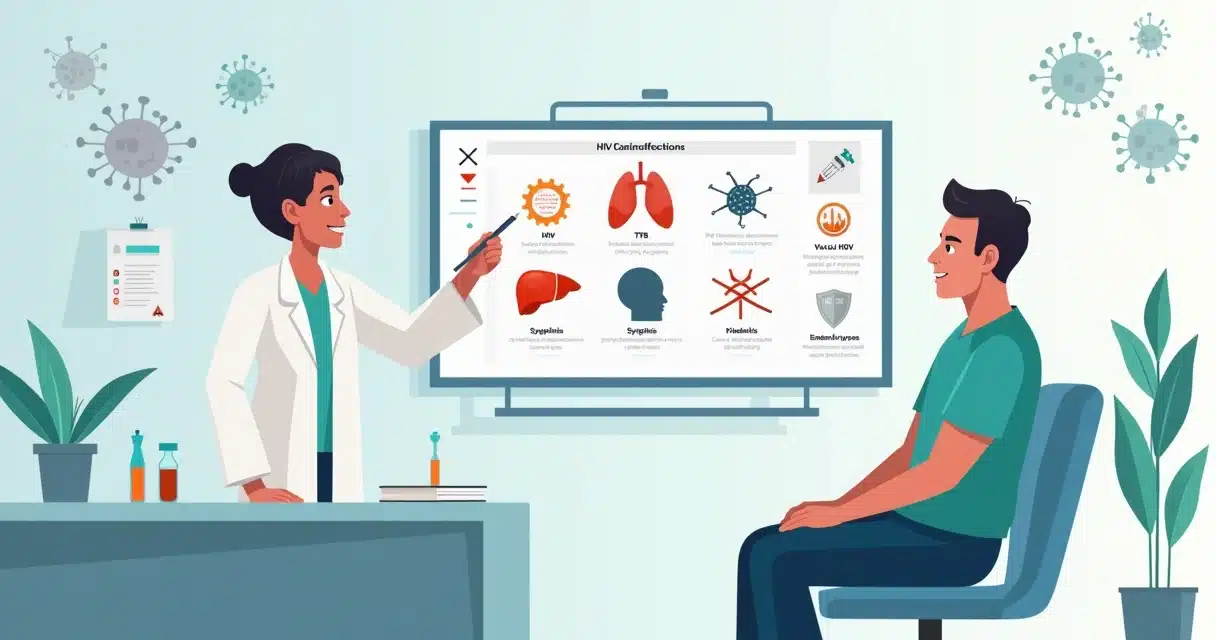 Ilustração de profissionais de saúde avaliando coinfecções em paciente com HIV
