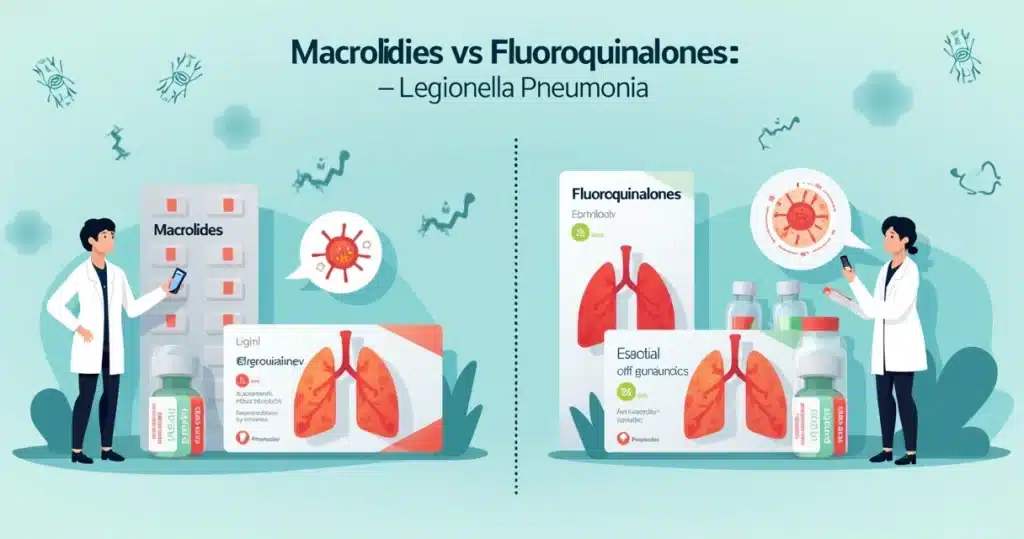 Ilustração comparando macrolídeos e fluoroquinolonas no tratamento da pneumonia por Legionella