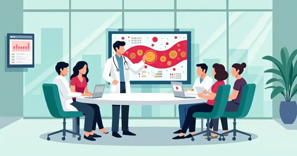 Equipe de infectologistas analisando caso de bacteremia por Staphylococcus aureus em ambiente hospitalar