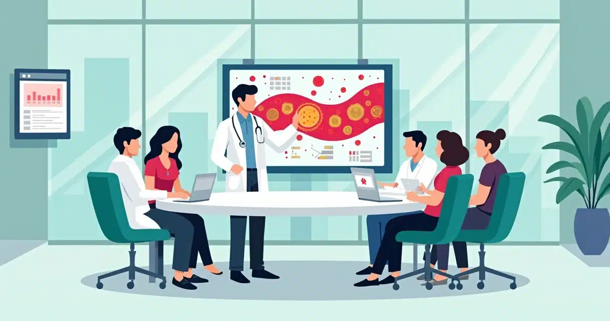 Equipe de infectologistas analisando caso de bacteremia por Staphylococcus aureus em ambiente hospitalar