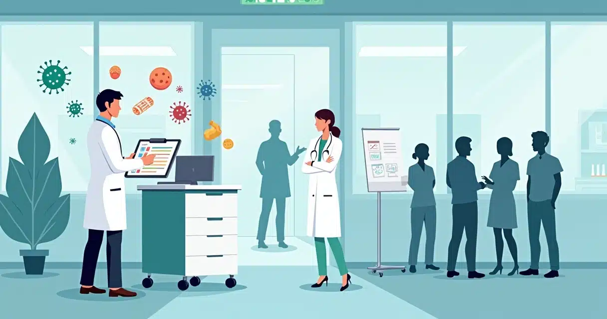 Consultor em infectologia organizando rotina clínica em hospital
