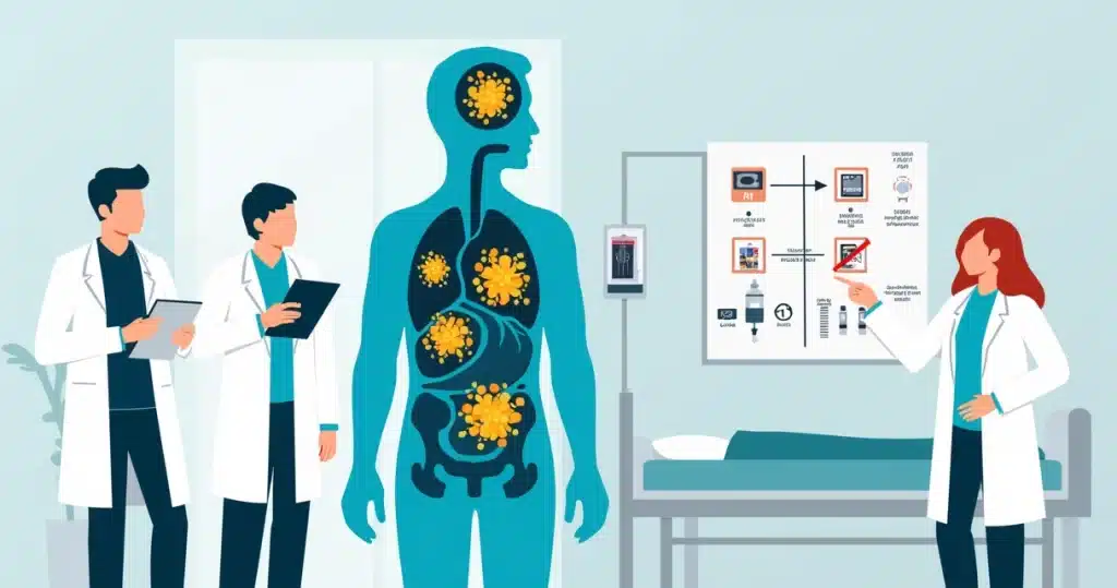Ilustração de equipe médica analisando bacteremia estafilocócica e foco infeccioso