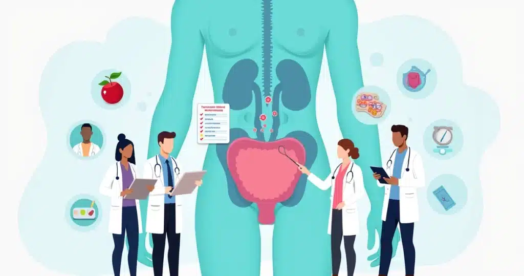 Ilustração de profissionais de saúde analisando trato geniturinário com foco em prevenção de infecções