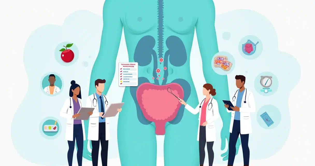 Ilustração de profissionais de saúde analisando trato geniturinário com foco em prevenção de infecções