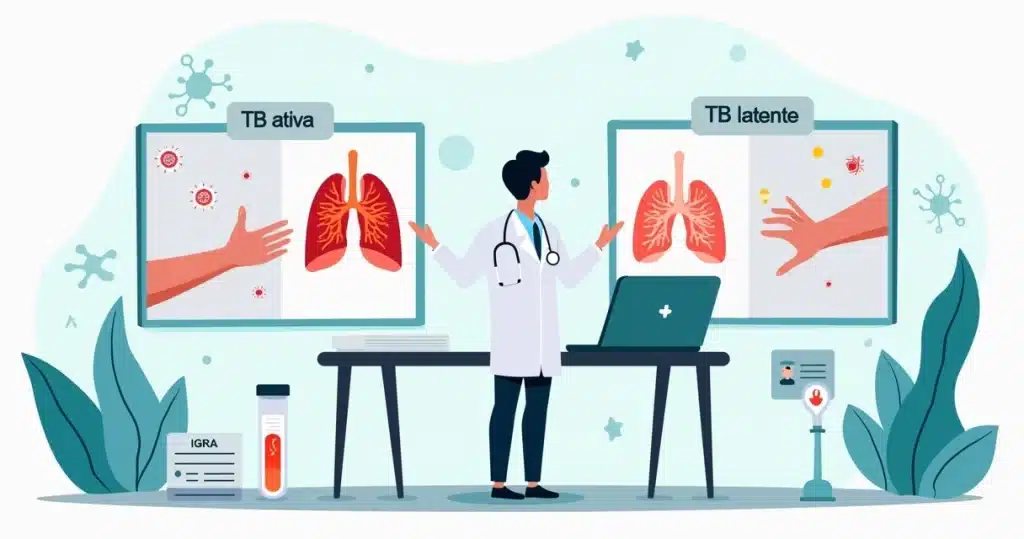 Ilustração de profissional de saúde analisando exames de tuberculose ativa e latente