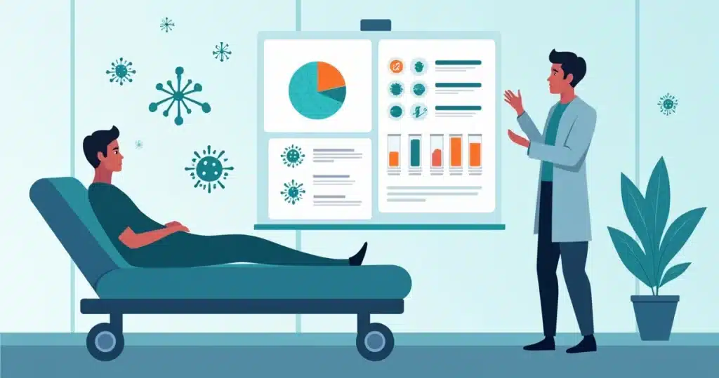 Médico analisando exame de líquor em ilustração sobre meningite em adultos