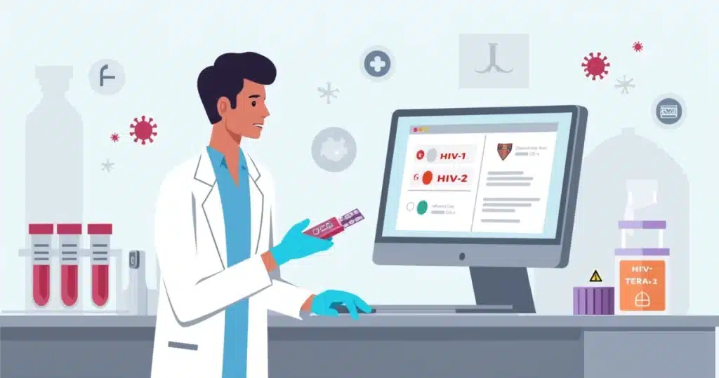 Ilustração de profissional de saúde analisando teste sorológico de HIV em laboratório moderno