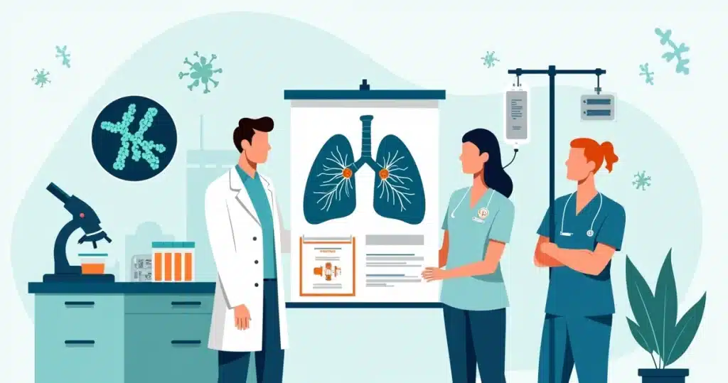 Ilustração de profissionais de saúde analisando exame de micobactérias não tuberculosas em laboratório
