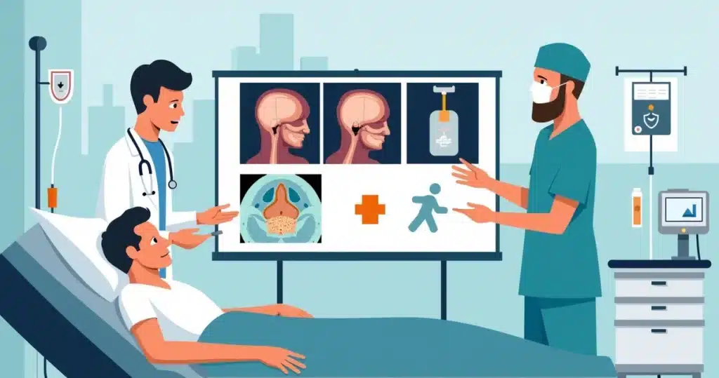 Ilustração de médico avaliando paciente com suspeita de mucormicose em ambiente hospitalar