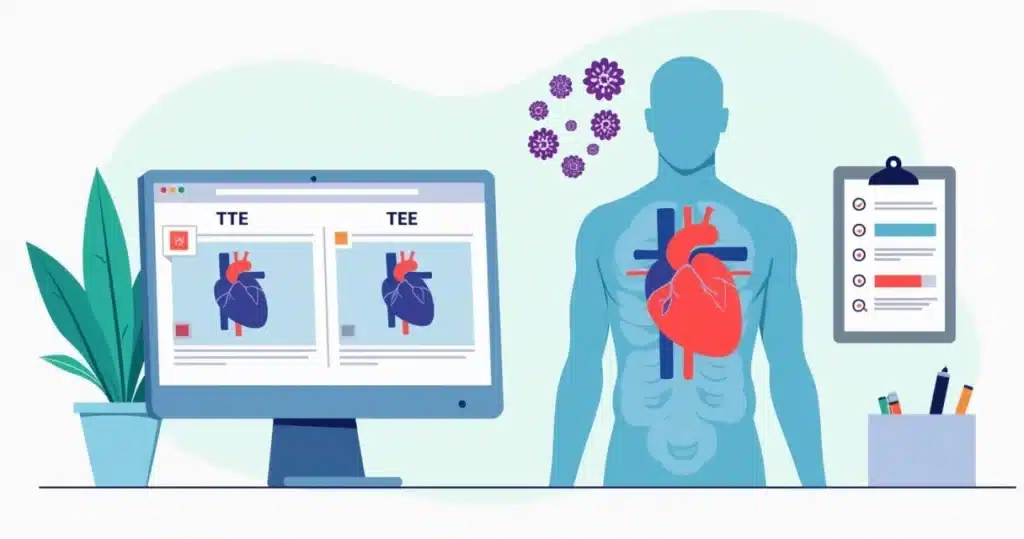 Ilustração de médico avaliando ecocardiograma em paciente com bacteremia por Staphylococcus