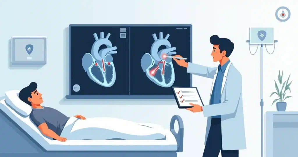 Ilustração de médico analisando ecocardiograma em paciente com bacteremia por Staphylococcus aureus