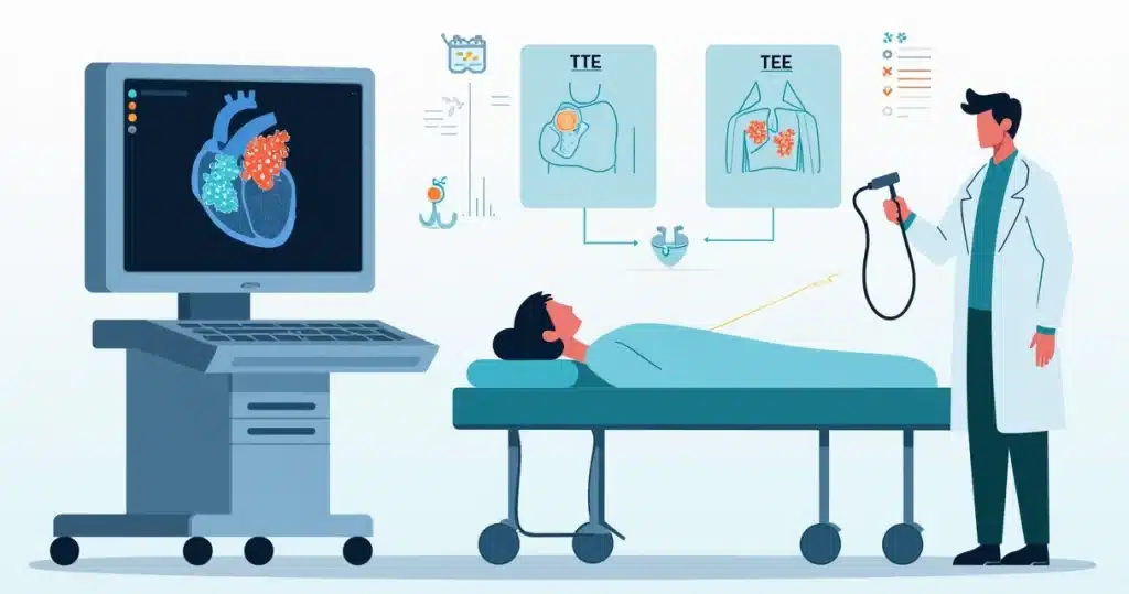 Ecocardiograma ilustrando vegetações em válvula cardíaca para diagnóstico de endocardite bacteriana