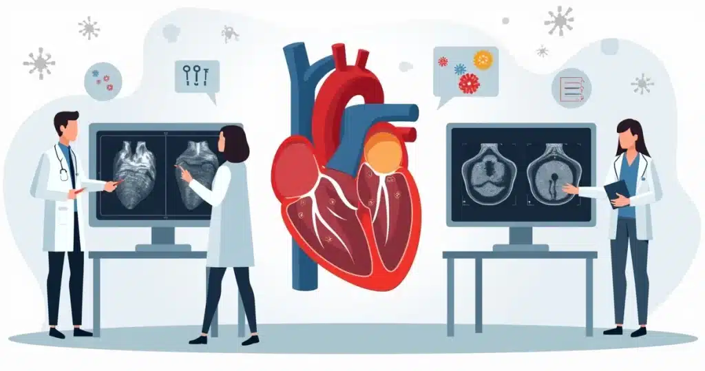 Ilustração de médico analisando ecocardiograma e tomografia do coração