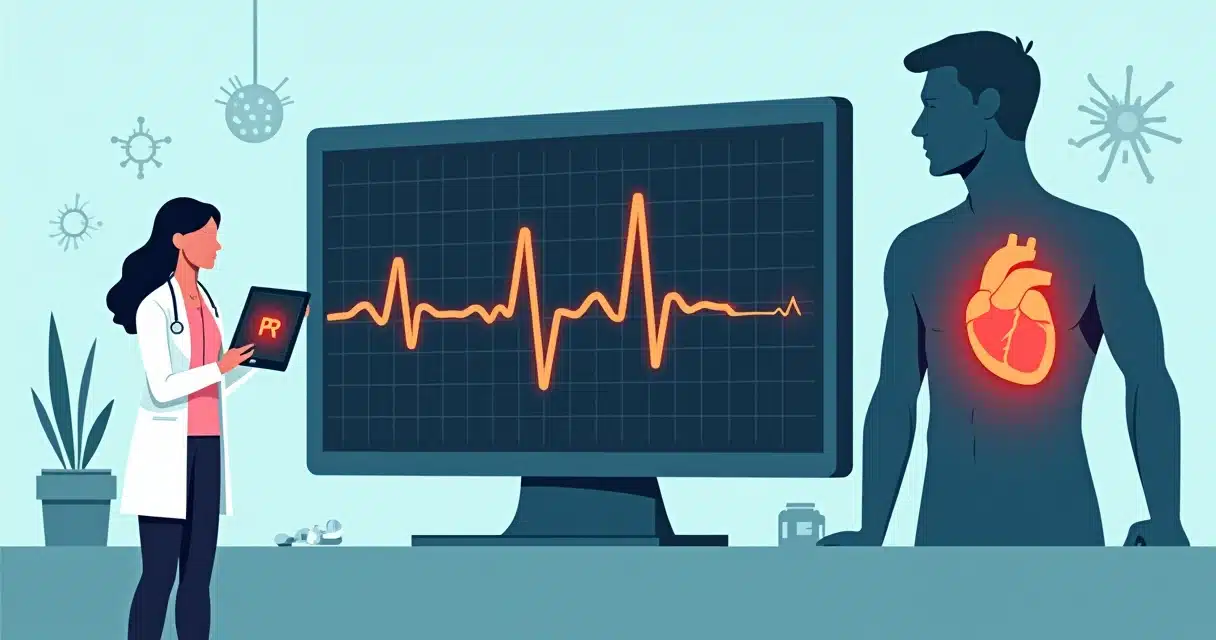 Ilustração de médico analisando eletrocardiograma com sinais de complicações cardíacas
