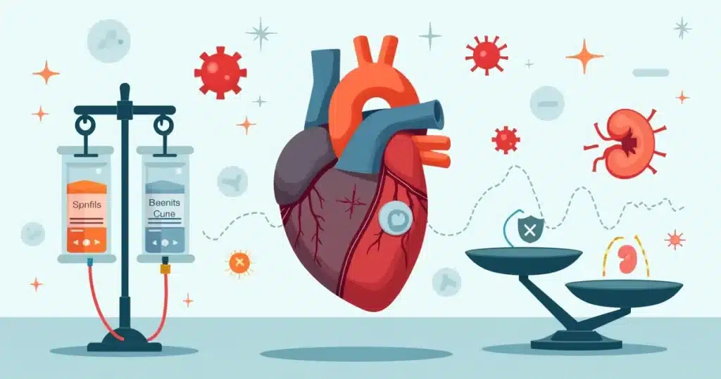 Ilustração de coração com válvula protética e frascos de antibiótico