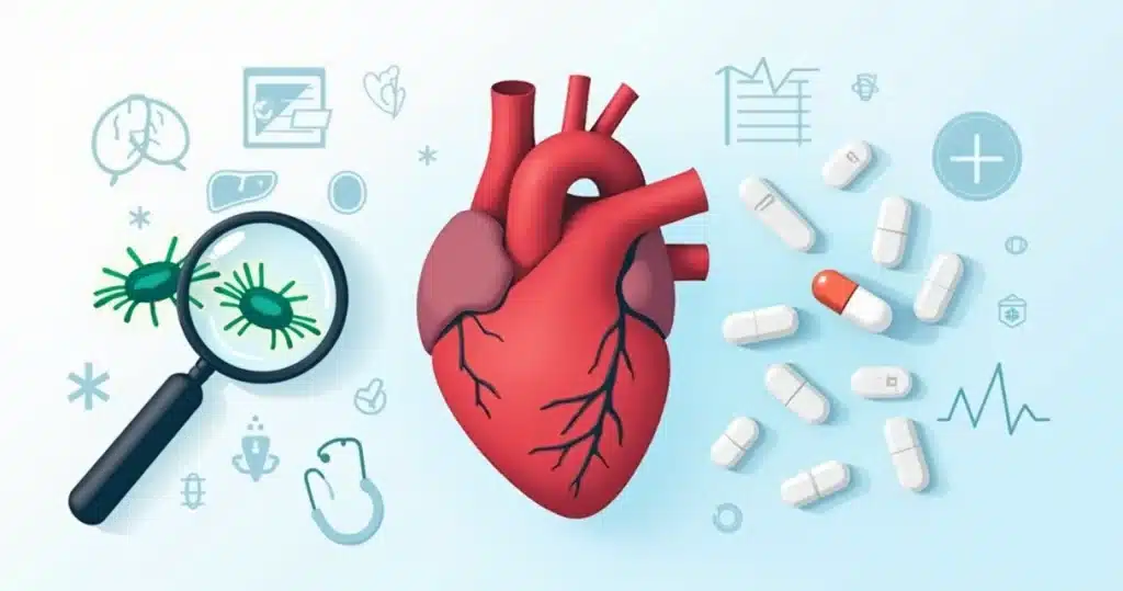 Ilustração de coração humano com bactéria e comprimidos de antibiótico ao redor
