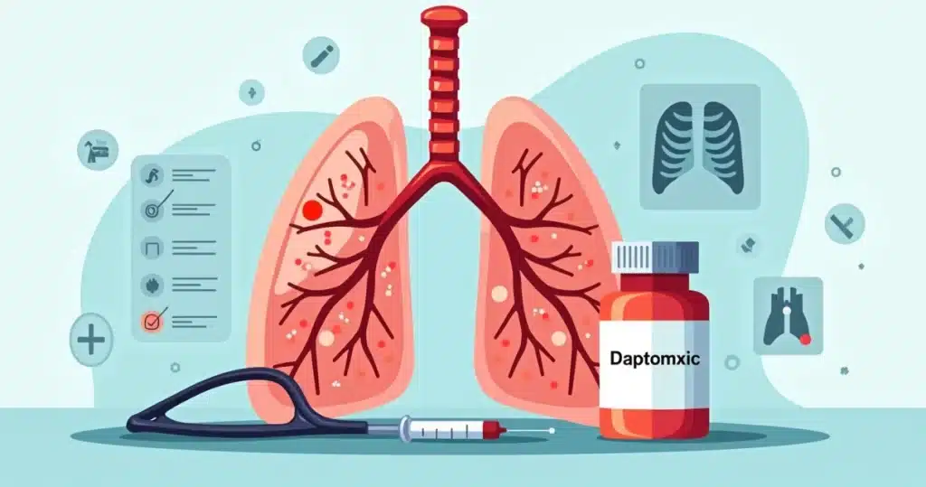 Ilustração de pulmões com infiltrado eosinofílico ao lado de frasco de daptomicina