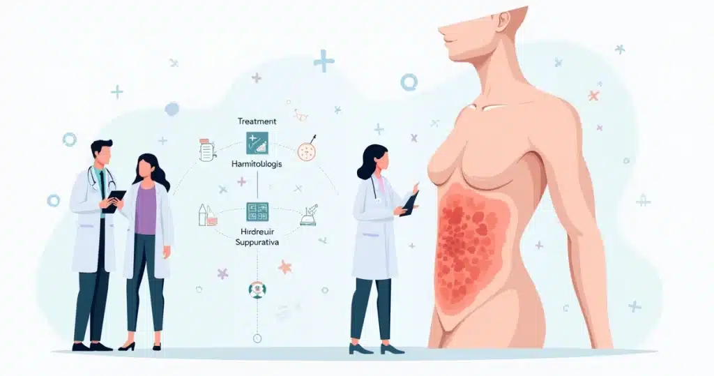 Ilustração de dermatologista explicando hidradenite supurativa crônica a profissional de saúde