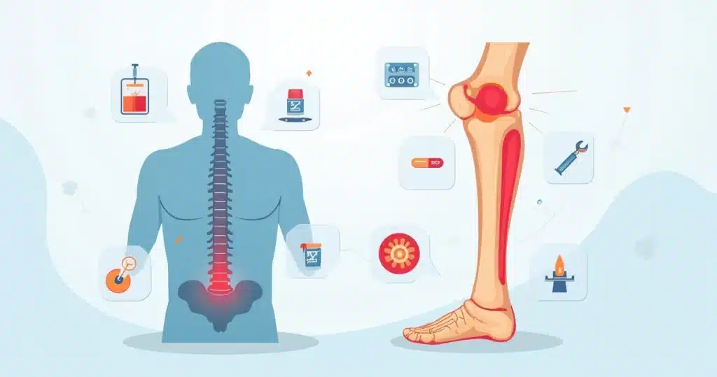 Ilustração plana mostrando coluna vertebral e osso longo com foco em infecção óssea e tratamento
