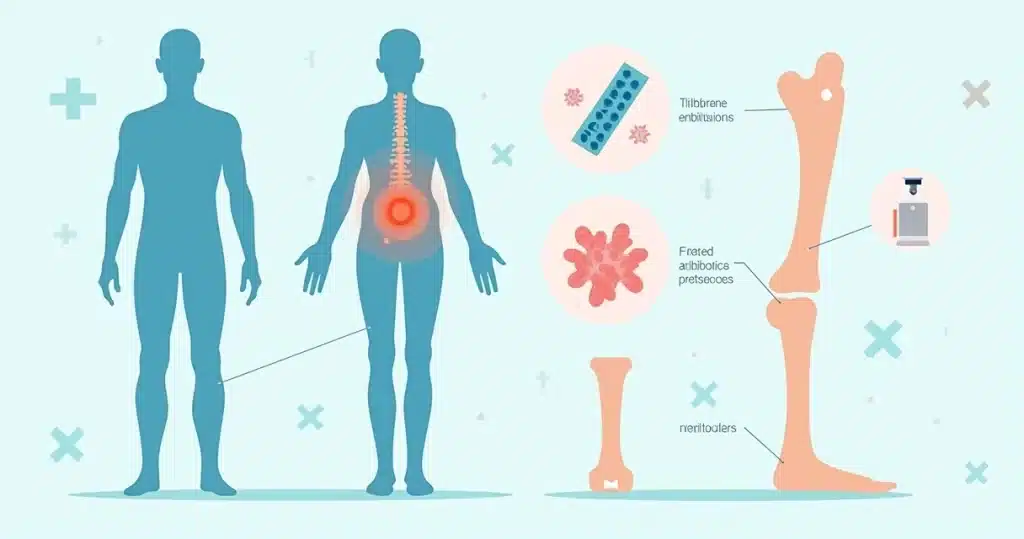 Ilustração de coluna e ossos periféricos destacando foco de osteomielite e tratamento multidisciplinar