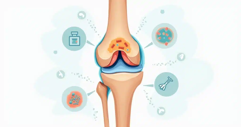 Ilustração de infecção osteoarticular profunda em osso e articulação do joelho