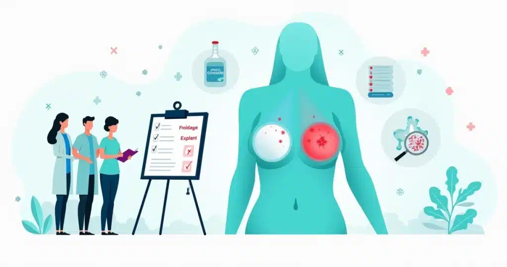 Ilustração de prótese mamária com sinais de infecção e equipe médica avaliando tratamento