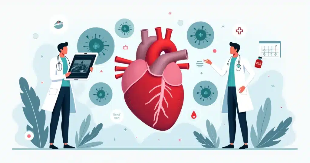 Ilustração de infecções cardiovasculares com coração e bactérias em exame médico