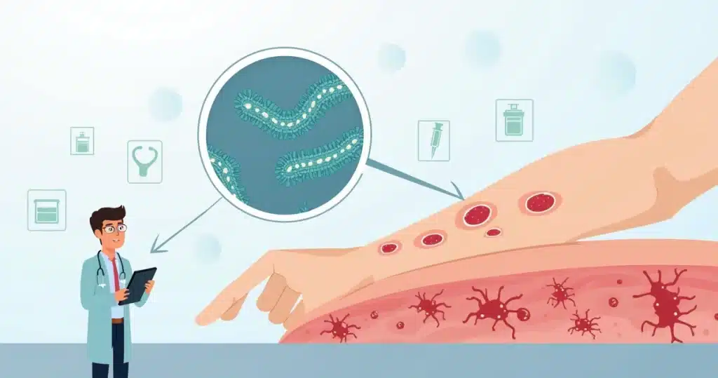 Ilustração de pele humana com infecção cutânea por micobactérias não tuberculosas
