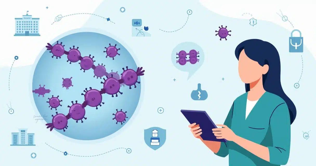 Ilustração de bactérias estreptococos e enterococos com profissional de saúde analisando exame