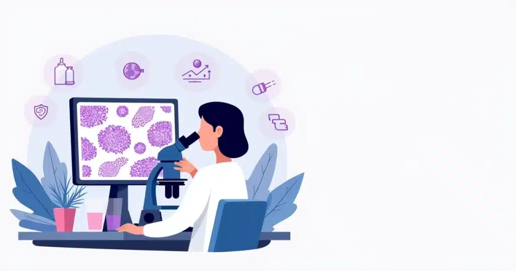 Ilustração de profissional de saúde analisando lâmina de Gram-positivo em hemocultura ao microscópio
