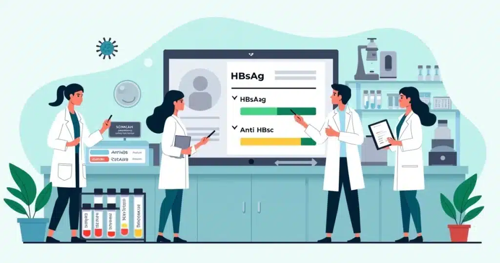 Ilustração de profissionais de saúde analisando exames sorológicos de hepatite B em laboratório