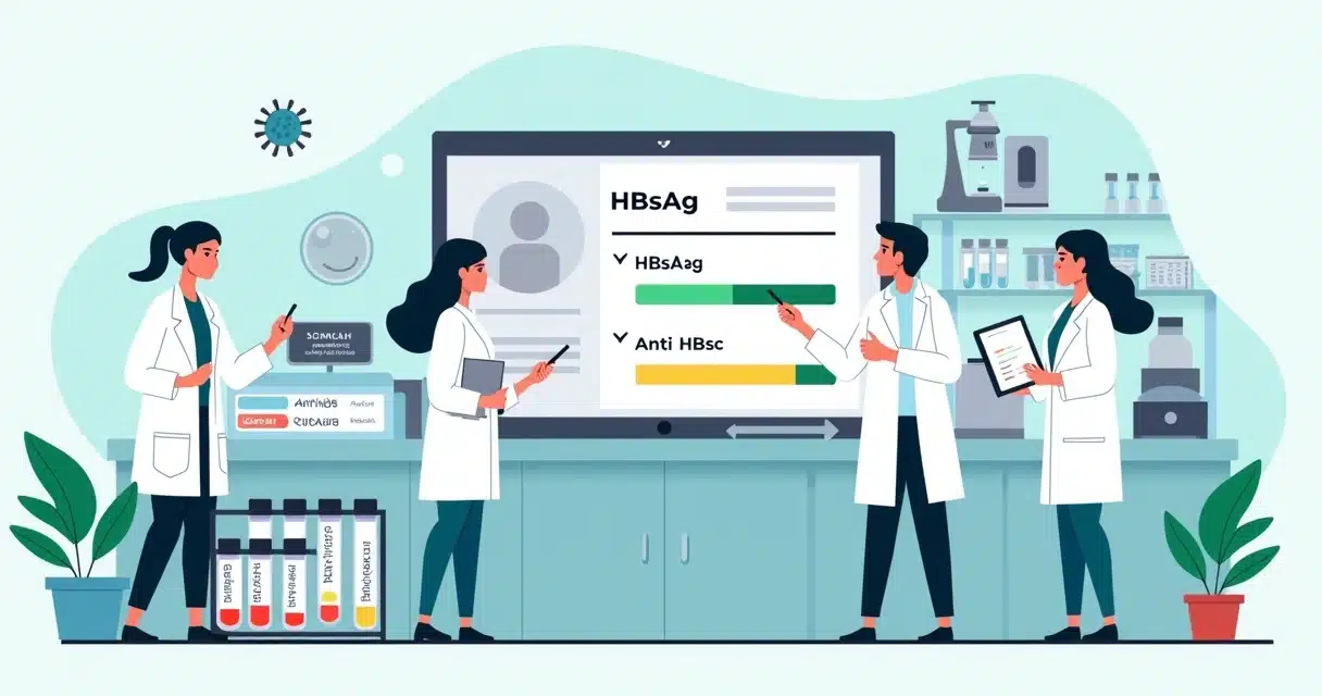 Ilustração de profissionais de saúde analisando exames sorológicos de hepatite B em laboratório